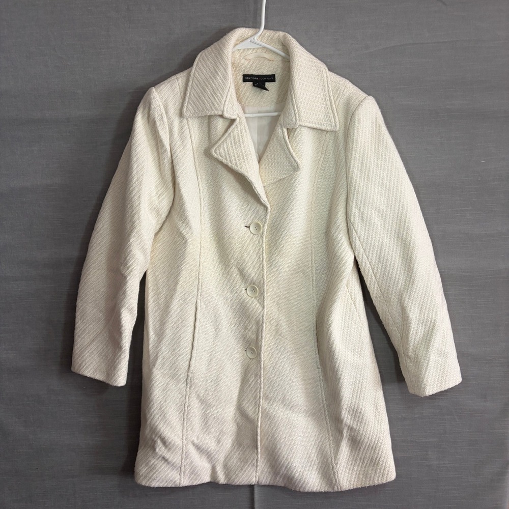 New York & Company Ivory Textured Coat Winter Wedding Y2K Retro Dressy Outerwea - Picture 2 of 10